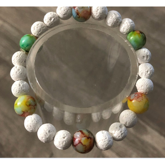 Handmade white Lava beads stretch bracelet with marble beads - Picture 1 of 3